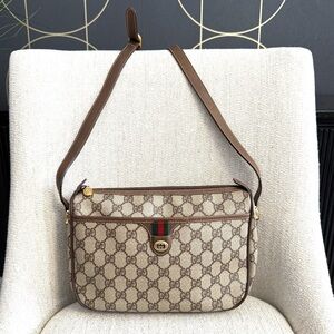 Gucci authentic brown monogram coated canvas crossbody bag brown leather